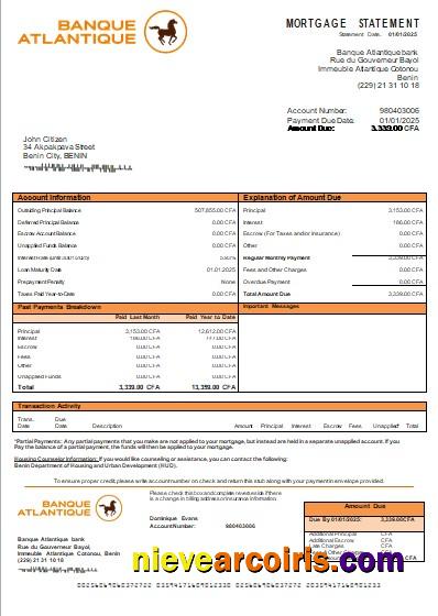 Benin Banque Atlantique bank mortgage statement